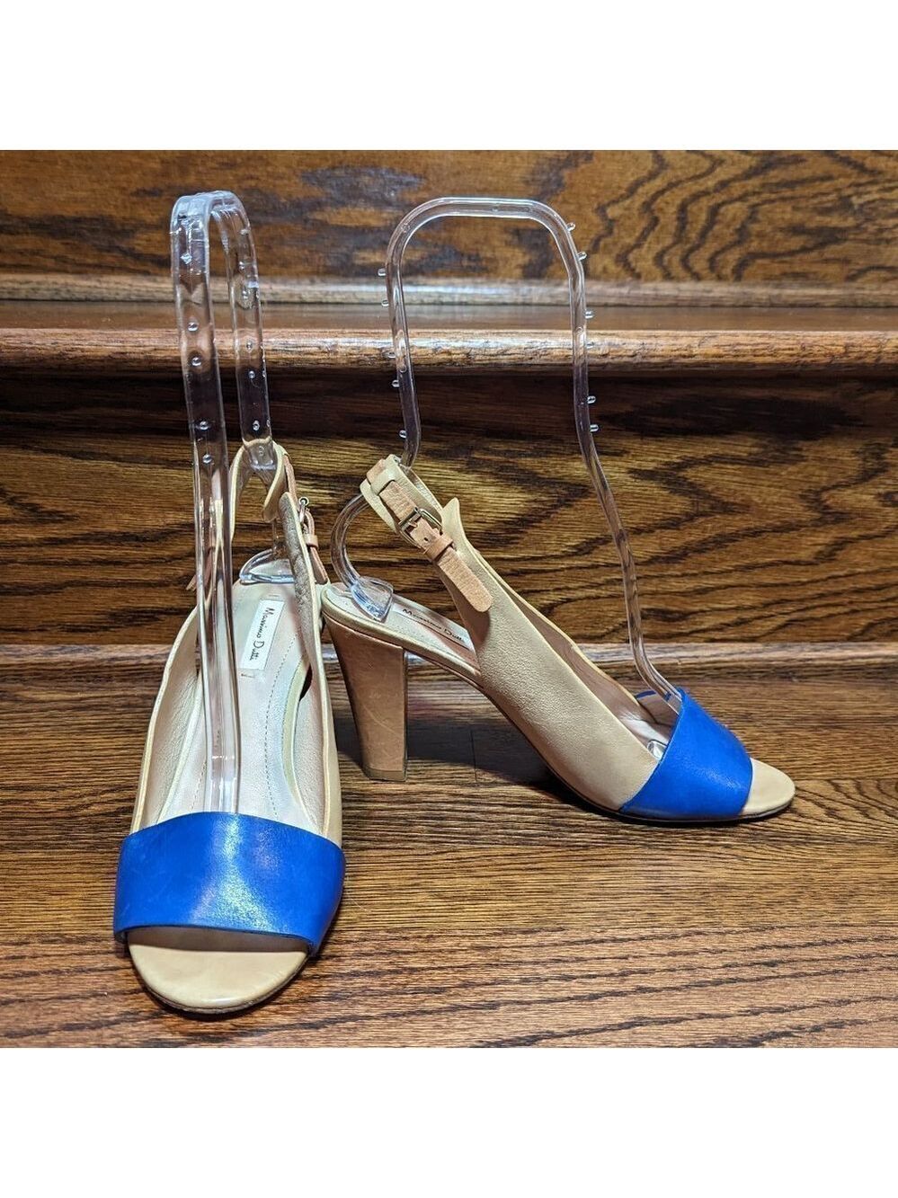 Massimo Dutti Women's EU 38 (7.5-8 US) Tan/Blue Stacked Heels Buckle